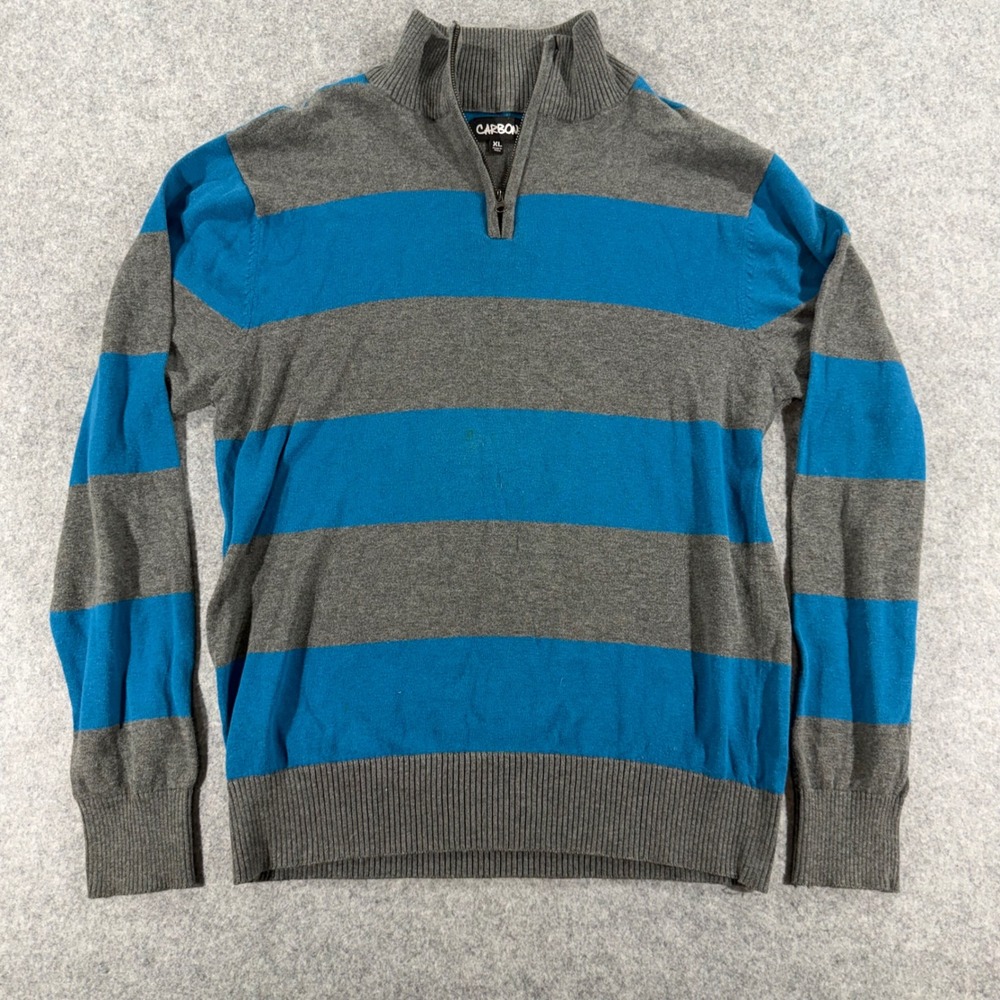 Carbon Mens XL Quarter Zip Sweater Blue Grey Striped 100% Cotton Pullover Knit